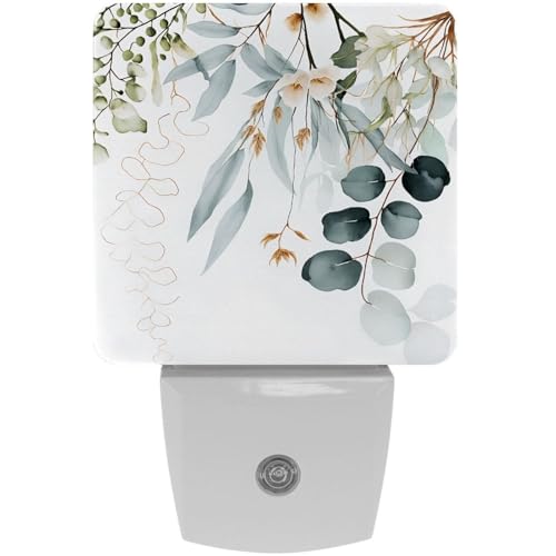 Image of NEWzone Eucalyptus Leaves and Flowers Night Light [2 Pack], Plug in Wall Led Night Lights Decor for Boys Girls Room, Dusk to Dawn Sensor Wall Lamp for Stairway /Bedroom /Kitchen /Nursery Room