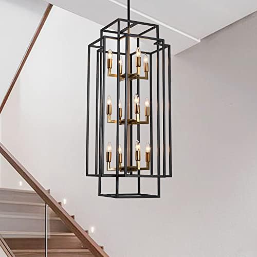 Sdorens12 Lights Lantern Tiered Pendant Light, Metal Lantern Shape Island Light, Large Chandeliers for High Ceilings, Industrial Tiered Hanging Light Fixture for Dining Room, Living Room, Kitchen