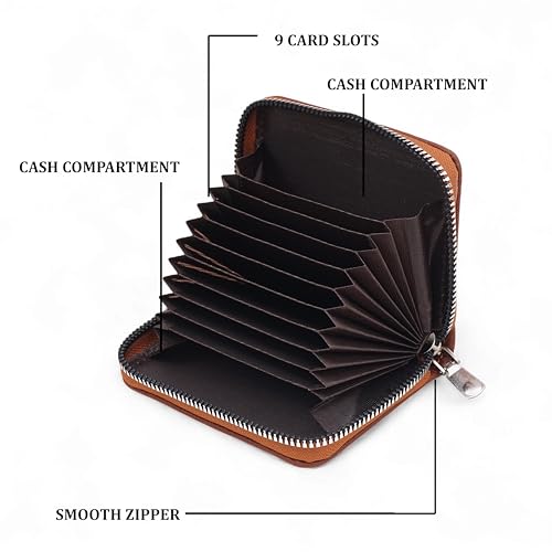 Image of VEMILIO Vegan Leather Zipper Wallet for Men & Women | 9 Card Slots | 2 Cash Compartments | Stylish Slim Credit Card Holder Purse | Travel Friendly Compact Wallet Gift for Boys Girls (Tan)
