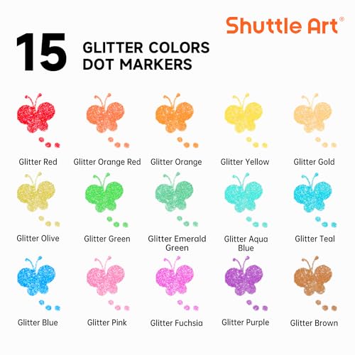 Shuttle Art 15 Glitzer Dot Markers, Kinderstifte auswaschbar, Bingo Marker, Stempelstifte für Kinder zum Malen & Bingo Painting Set, Bingo Dabber Pen mit ungiftiger Wasserbasis Tinte, Punkt Marker Set