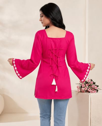 Image of MAHIRA'S Comfort Women's Short Kurti, Rayon Tunic Top with 3 /4 Embroidered Designer Sleeves | Soft Breathable Fabric | Office & Casual Kurti for Jeans, Leggings & Trousers