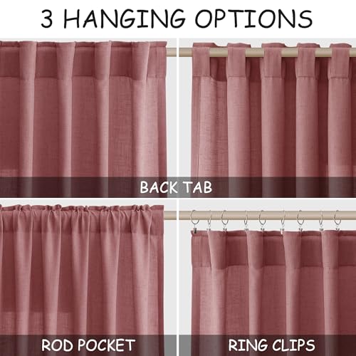 Image of Nanspring Canyon Rose Linen Curtains 90 Inch Long 2 Panels Set for Bedroom Living Room Dusty Rose Linen Textured Window Drapes Semi Sheer Light Filtering Rod Pocket Back Tab Farmhouse Curtain 52x90