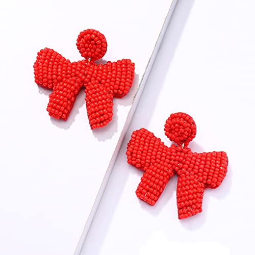Christmas Earrings Beaded Xmas Bow Earring For Women Handmade Red Green Holiday Bow Drop Dangle Earrings Festive Jewelry Gifts (Red) #TOP3