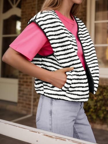 Fisoew Womens Fuzzy Fleece Vest Striped Sleeveless Winter Jackets Button Down Sherpa Vest Outwear With Pockets4