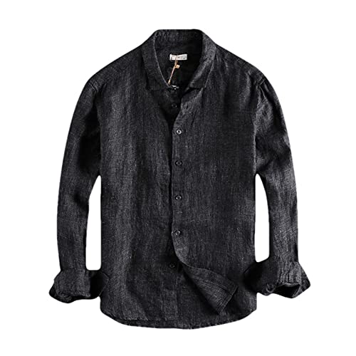 Chemise en lin homme manches longues style japonais rétro solide gris foncé 8081