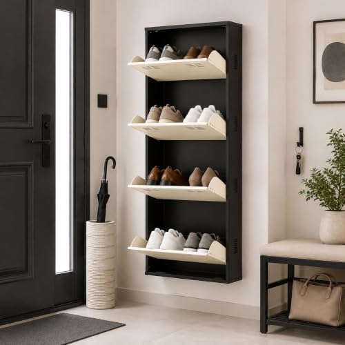 Image of Royal Interiors Metal Shoe Rack Wall Mounted for Home with Central Locking | 4 Door 20 inch Wall Mounted Metal 8 Pair Slim Shoe Cabinet | Pre-Assembled Shelves | 3 Year Warranty (Brown & Ivory)
