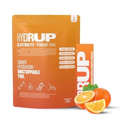 HYDRUP - Électrolytes Sans Sucre en Poudre 1733 mg - Hydratation et Énergie Instantanée avec Vitamines B et C - Saveur Orange - Paquet avec 6 Sachets de 14 Grammes - Sans Gluten et sans Lactose