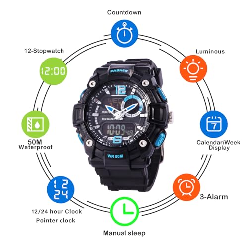 Image of PASNEW Boys' Watches - Dual Display, Large Dial Sport Watch, Black Outdoor Watch for Boys & Teens - Waterproof