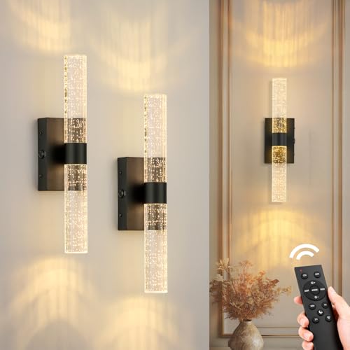 Image of Battery Operated Wall Sconces Set of 2, 20000mAh Rechargeable Wall Light | Remote Control 3000K-6000K Dimmable LED Wireless Sconces,Black,15.6 Inch