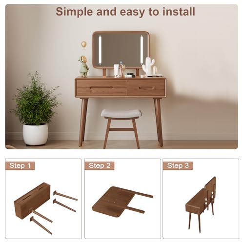 Image of KungFuWood Solid Wood Vanity Desk with Mirror and 3 Lighting Modes,Makeup Vanity Adjustable Height with 3 Drawers,Easy Assemble Vanity Table,Dressing Table for Bedroom