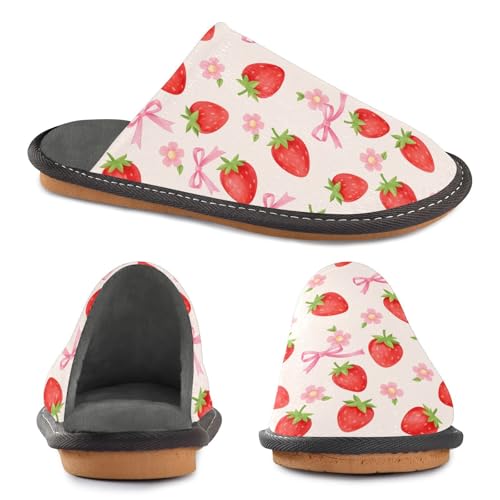 Slippers for Women Pink Bow Flowers Red Strawberry Pattern Soft Winter Warm Shoes Indoor Outdoor Non-Slip House Travel Slippers4