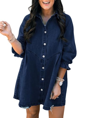 Image of Sidefeel Womens Smocked 3 4 Sleeve Button Down Denim Jeans Dresses