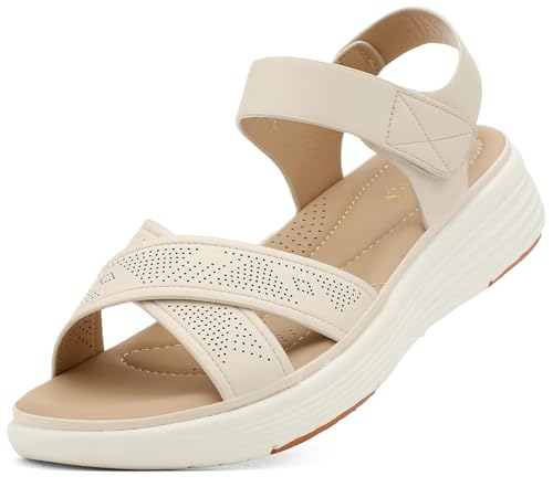 UBFEN Womens Platform Sandals Wedge Walking Comfortable Casual Adjustable Strap Lightweight Open Toe A Beige Women US 9
