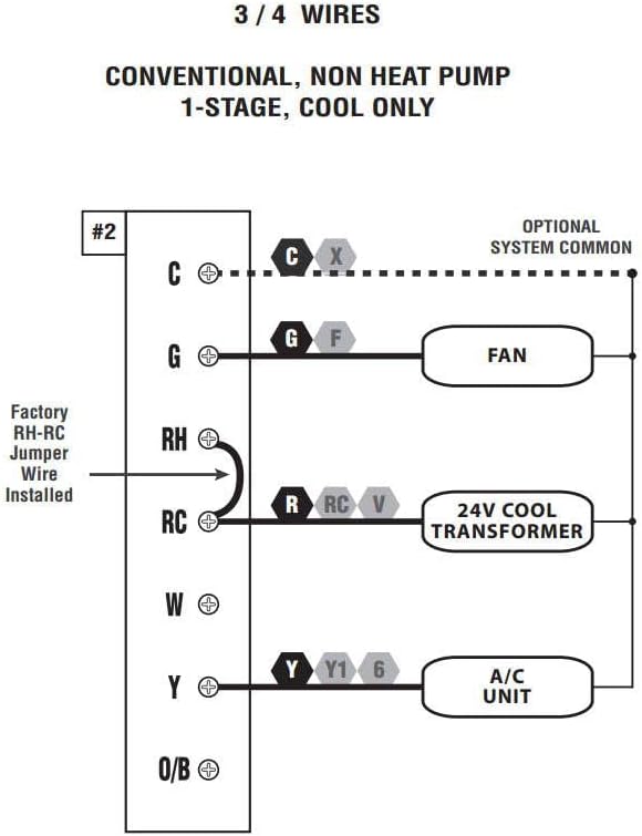 Wiring Diagram for 3/4 Wires, Conventional, Non Heat Pump, 1-Stage, Cool Only