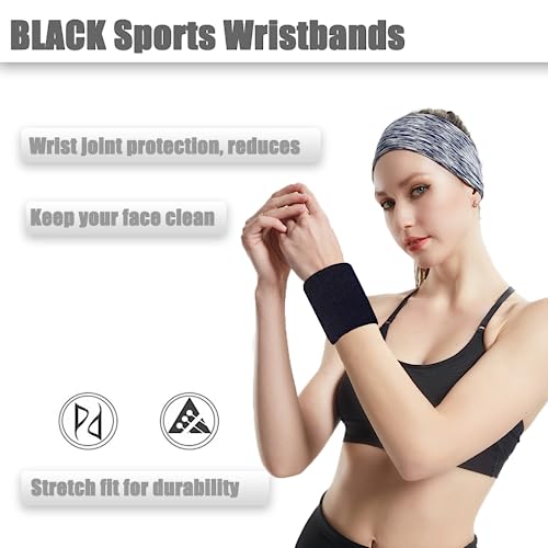 YOFASEN 2 Pairs/4 Pcs Black Wristbands Sports Sweatbands For Men Women - Thicken Elastic Wrist Sweat Bands Wristbands Wrist Protective for Tennis, Basketball, Running, Gym - Image 2