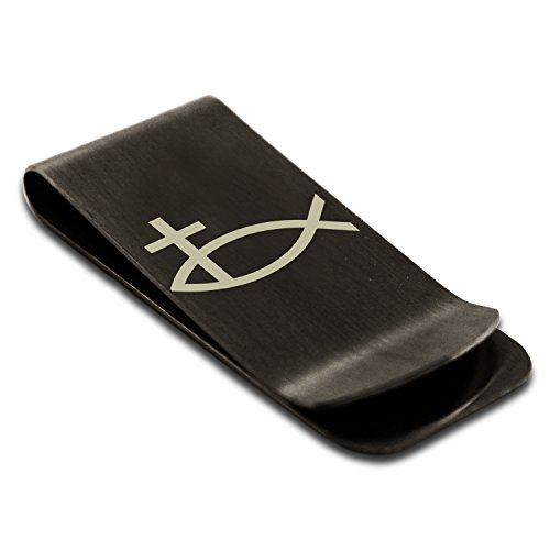Stainless Steel Ichthus Cross Fish Symbol Engraved Money Clip Credit Card Holder