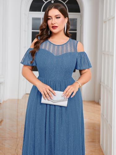Image of ZOMVA Plus Size Sparkly Mesh Maxi Dress Cold Shoulder Ruffle Sleeve High Low A Line Dresses Wedding Guest Cocktail Party