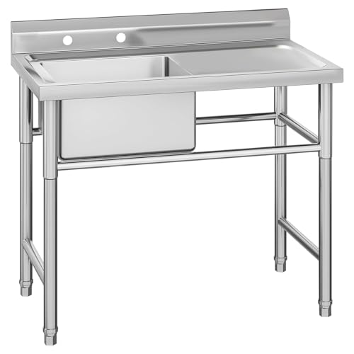 Garvee 39" Commercial Stainless Steel Utility Sink with Workbench, Free-Standing Single Bowl Sink for Kitchen, Laundry, Garage &amp; Workshop, Anti-Splash, Easy-Clean, Durable Heavy-Duty Design