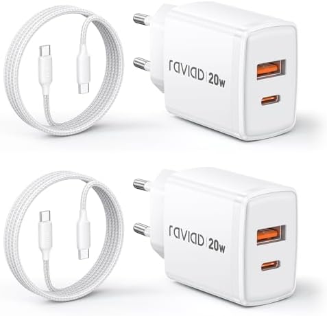 RAVIAD 20W USB C Ladegerät 2Pack, 2Port Schnellladegerät mit 60W Kabel 2M | Mehrfach Netzteil USB C+USB A mit Schnellladekabel USB C auf USB C für iPhone 17 16 15 Pro Max, iPad Pro