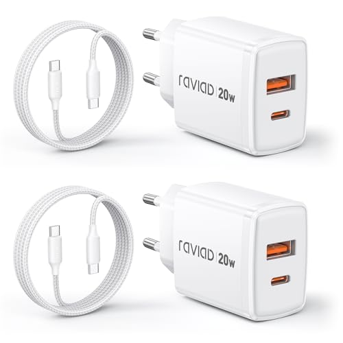 RAVIAD 20W USB C Ladegerät 2-Pack, [USBC + USBA] Schnellladegerät mit USB C Kabel 2M, Handy Netzteil Typ C mit 2-Port, Kompatibel mit iPhone 16 15 Pro Max, Samsung Galaxy S25 S24 S23 Ultra