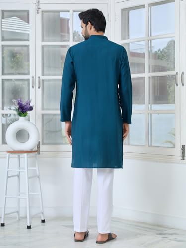 Image of See Designs Men's Full Sleeve Mandarin Collar Ethnic Motifs Embroidered Sequinned Mandarin Collar Straight Long Kurta with Pyjama - Festive Collection