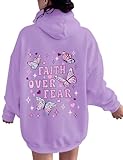 LOMON Preppy Embroidery Butterfly Hoodie for Girl Women Long Sleeve Oversized Hooded Sweatshirt Graphic Pullover Top（Embroidery-Purple Bow,M