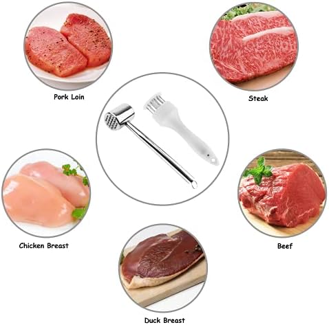 Vandicka Meat Tenderizer Mallet Set of 2 - Stainless Steel Dual Sided Meat Hammer for Flattening & Pounding Beef Lamb Chicken Steak & Needle Meat Hole Puncher for Flavor Marinade