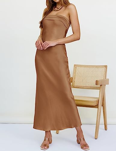 Image of MEROKEETY Women's Summer Satin Strapless Bodycon Dress 2026 Backless Tube Wedding Guest Cocktail Formal Party Maxi Dresses