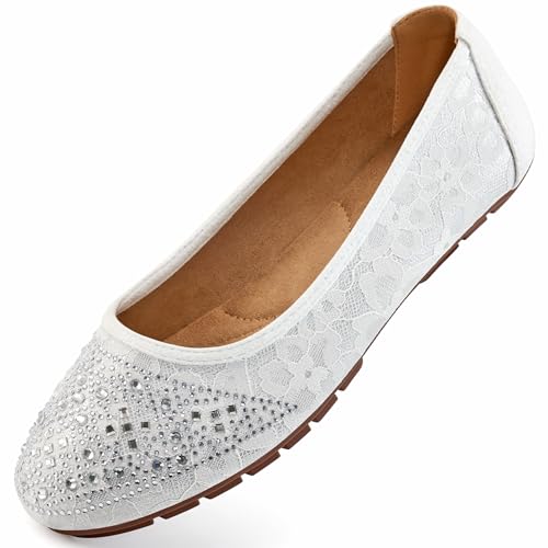 Reimferce Ballet Flats for Women Dressy : White 7.5 Comfortable Dress Rhinestone Lace Wedding Flat for 2025 - Ladies Slip On Walking Office Shoes
