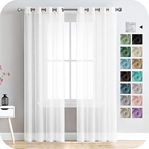 MRTREES Voile Curtains 90 Inch Drop 2 Panels Faux Linen Eyelet Sheer Curtain Panel for Bedroom Living Room Patio Door 66x90 Inch Drop 167cm x 228cm White Cover