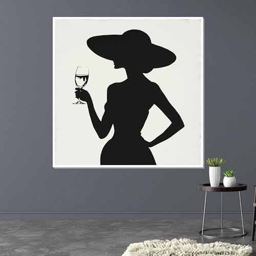 Peinture silhouette femme au chapeau 60x60cm tableau noir et blanc art mural