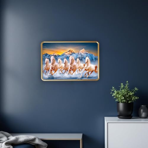 Image of Vastu 7 Seven Running Horse Photo Frame, Golden Slim Frame, Sparkle Coated Lamination, 30x45 cm (Design 1)