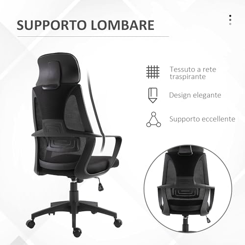 Sedia da Ufficio Ergonomica con Braccioli e Poggiatesta Regolabile, Sedia Scrivania Girevole con Supporto Lombare, Altezza Regolabile e Funzione Dondolo in Tessuto per Studio, Nero - Sedia gaming - Immagine 5