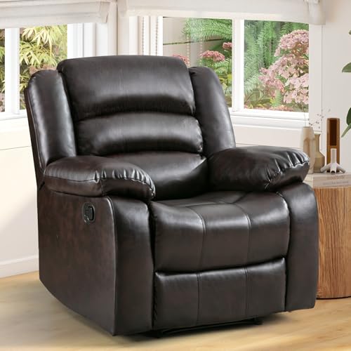 Image of ANJ Manual Recliner Chair, Breathable Faux Leather Reclining Chairs with Overstuffed Arm and Back, Living Room Single Sofa Recliners (Dark Brown)