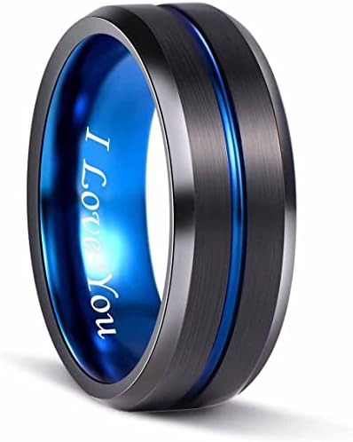 8mm Black Tungsten Carbide Wedding Band Blue Engagement Ring Men Women Brushed Finished Engraved I Love You Comfort Fit Size 6 to 13, Size 12