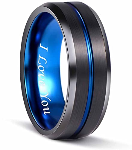 8Mm Black Tungsten Carbide Wedding Band Blue Engagement Ring Men Women Brushed Finished Engraved I Love You Comfort Fit Size 6 To 13, Size 12 #TOP9