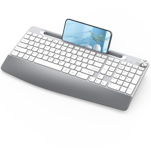 JOYACCESS Ergonomic Wireless Keyboard, 2.4GHz Cordless USB Full-Size Keyboard with Wrist Rest, Quiet Design & Numeric Keypad, Phone Holder for Desktop, Laptop, PC, Mac, Windows -Silver White