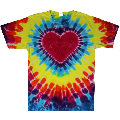 Rainbow Heart Tie Dye Shirt – Colorful Spiral Tee for Men & Women – Vintage Festival Shirt – 100% Cotton 70s Style (Small)