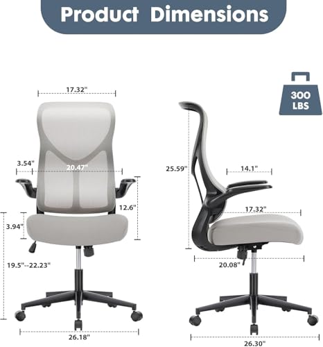 Image of Sweetcrispy High Back Office Chair - Ergonomic Computer Gaming Mesh Chairs with Lumbar Support, with Soft Flip Up Arms, Adjustable Height and 360 Wheels, Light Grey