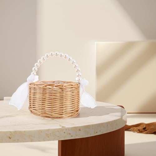 FELTECHELECTR Woven Medium Pearl Handle Flower Basket Small Wicker Basket with Bead Handle for Indoor Wedding for Home Decor and Outdoor Events by FELTECHELECTR - Image 5