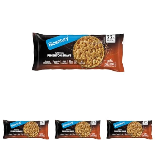 Bicentury - Tortitas de Pimentón Suave, Ricas en proteína, Ideales para Satisfacer Antojos, 1 Tortita Aporta 41kcal - 82 g (Paquete de 4)