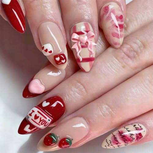 24pcs Cute Valentines Press on Nails Medium Almond Fake Nails wit...