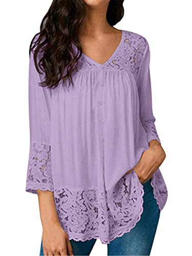 Style Dome Blusa para Mujer Cuello en V Tops Casual Manga Color sólido Shirt de Encaje de 3/25 Manga Larga Camisas 1-Púrpura M Cover