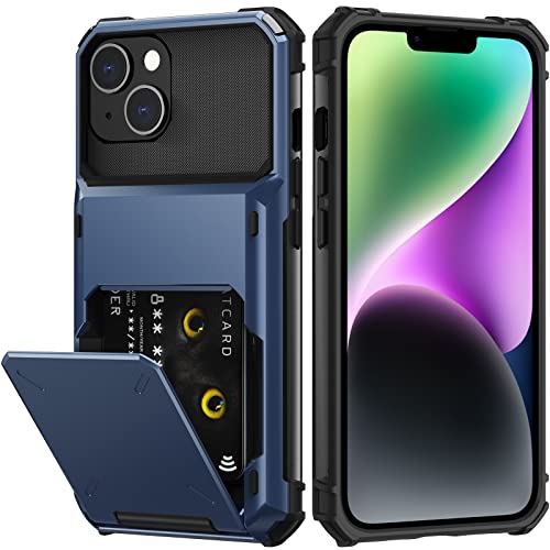 Nvollnoe for iPhone 14 Case with Card Holder[Store 5 Cards] Dual Layer Heavy Duty Shockproof iPhone 14 Wallet Case with Hidden Card Slot Large Storage Case for iPhone 14(Blue)