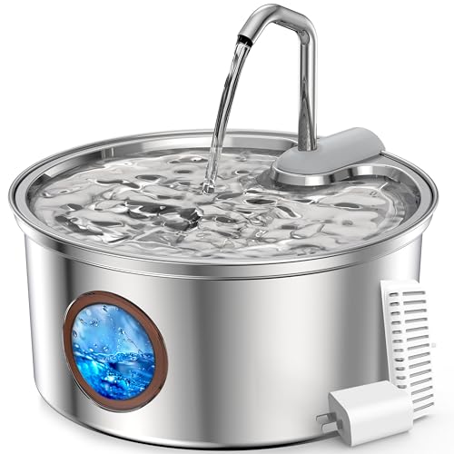 TOMXCUTE Fuente de Agua para Gatos, 3,2 L, Acero Inoxidable con Ventana Transparente, Fuente silenciosa 2 en 1 con Cuenco de Acero Inoxidable extraíble, Incluye 3 filtros de carbón Activo