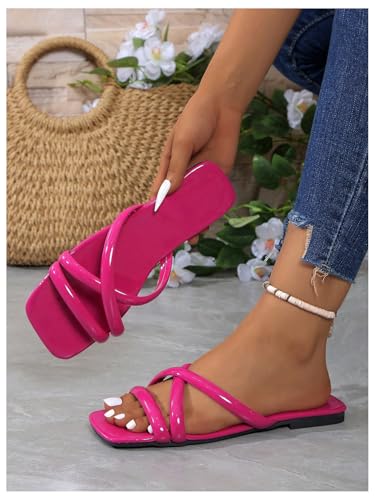 GORGLITTER Women's Criss Cross Strappy Flat Sandals Square Open Toe Dressy Summer Vacation 2025 Slip on Slide Shoes2