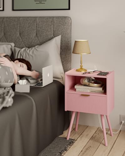 Image of Nightstand with Oultlet,Modern Bedside Table with Storage Drawer and Open Wood Shelf, for Living Room, Bedroom and Small Spaces, Accent Night Stand with Solid Wood Legs, Easy Assembly,Pink