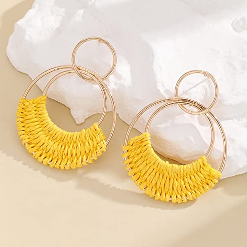Rattan Earrings Boho Raffia Hoop Dangle Earrings For Women Girls Bohemian Raffia Braid Straw Wicker Round Drop Earrings Summer Beach Party Statement Earrings Jewelry,Yellow #TOP5