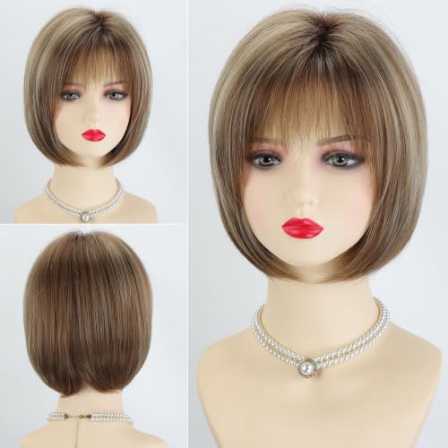 TISHINING Brown Highlight Short Bob Wigs for Women with Bangs 10 Inch