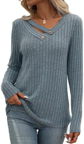 Misyula Style Long Sleeve Shirts for Women V Neck Fall Sweaters Dressy Casual Basic Tops 2024 Trendy Pullover S-2XL